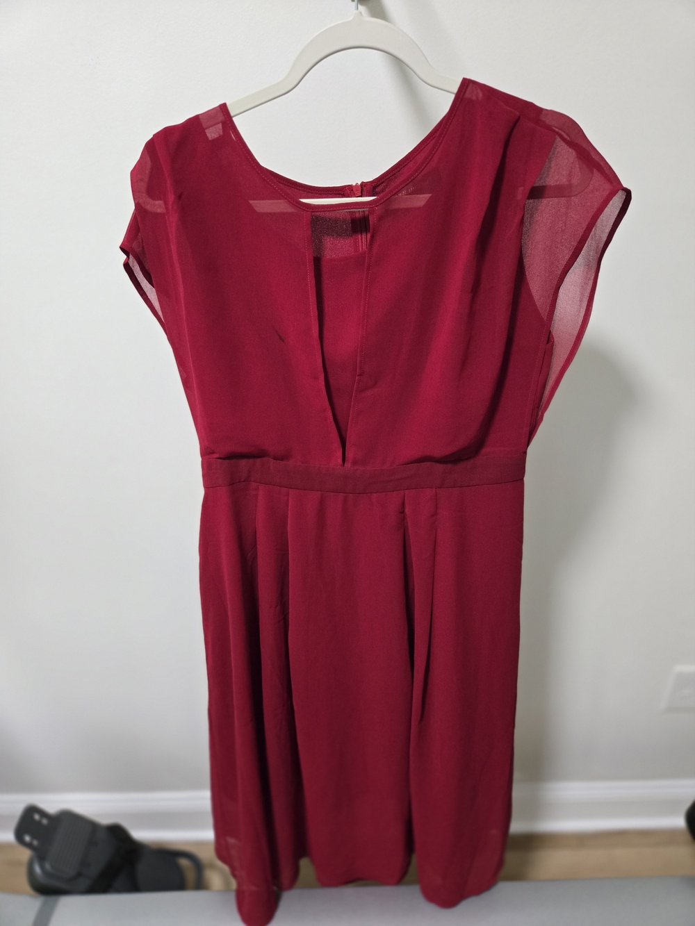 Women's Burgundy Midi Dress with Sheer Cap Sleeves